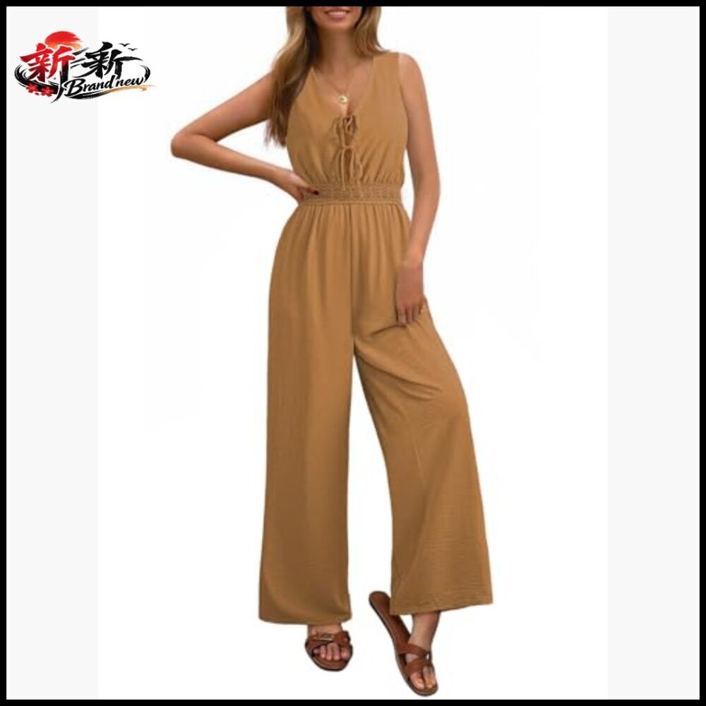 Sleeveless V-Neck Tie Front Wide Leg Jumpsuit Romper with Pockets - Picture 2 of 7